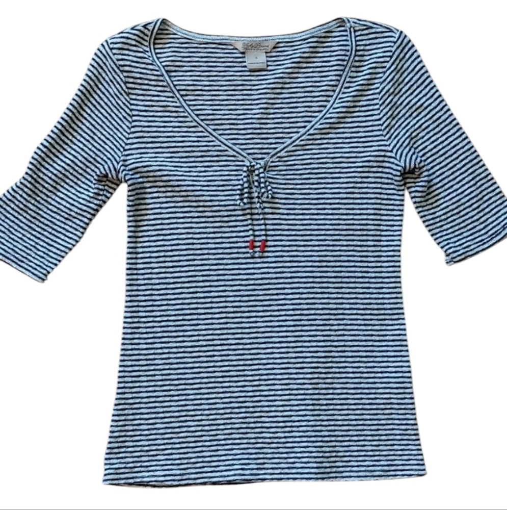 Lucky Brand Striped Top black and white v-neck with tie S EUC
